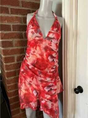 Red Floral Halter Dress Ruffle Layered Mini Sheer Overlay Summer Vacation Dress